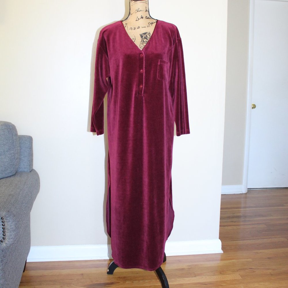 Coldwater Creek Burgundy Velvet 3 Button Long Sleeve Maxi Dress Women's M